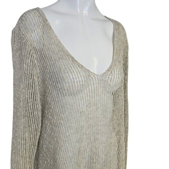 Eileen Fisher Open Knit Aysymmetrical V-Neck Long Sleeve Shirt, Size Large - Picture 2 of 7